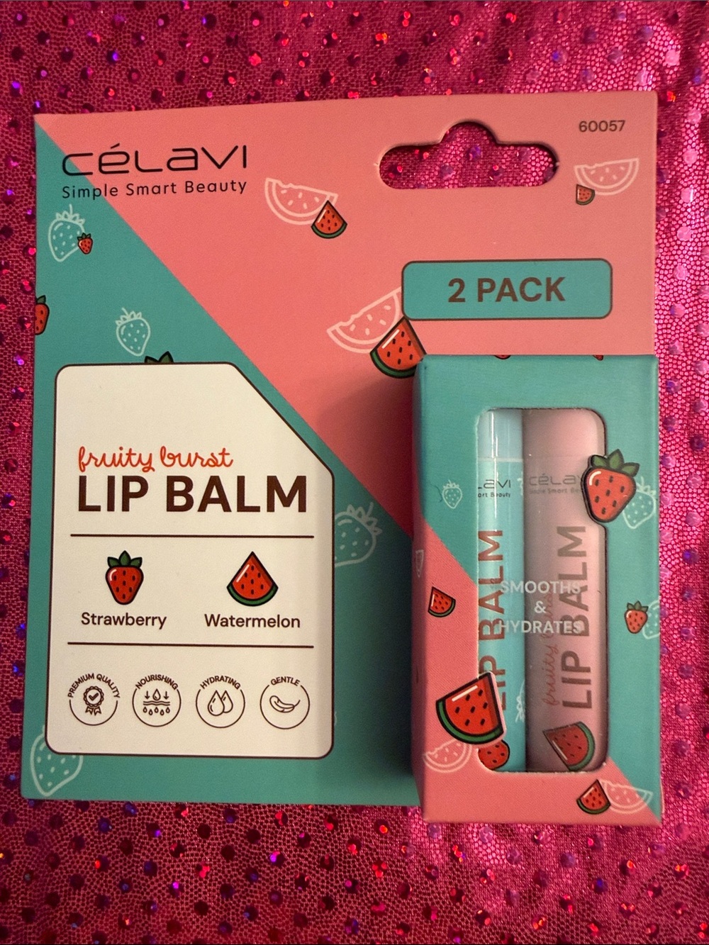 Célavi Fruity Burst Lip Balm 2-Pack — Strawberry & Watermelon (Pink & Aqua)